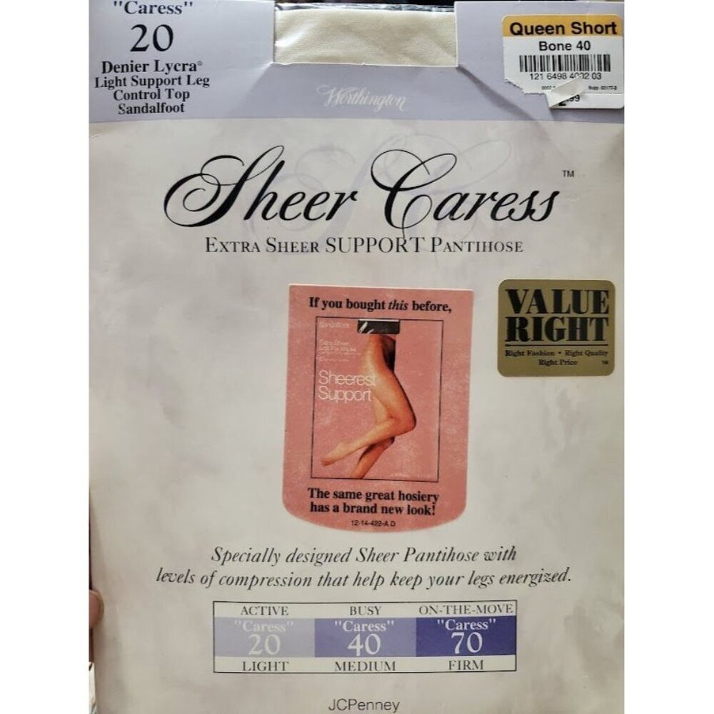 JCPenney Sheer Caress Extra Sheer Control Top Pantyhose Queen Short 40 Bone